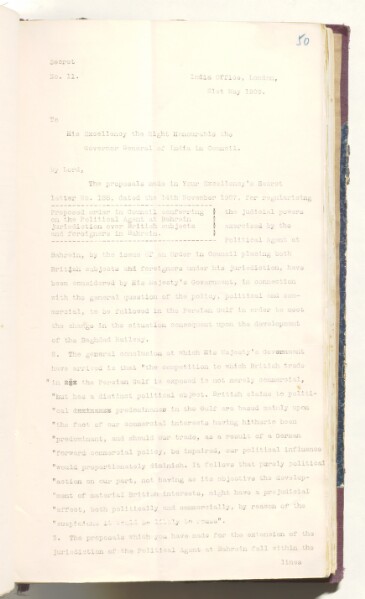 Letter from John Morley to The Governor General of India, dated 21 May 1909. IOR/R/15/2/6, ff. 50–52