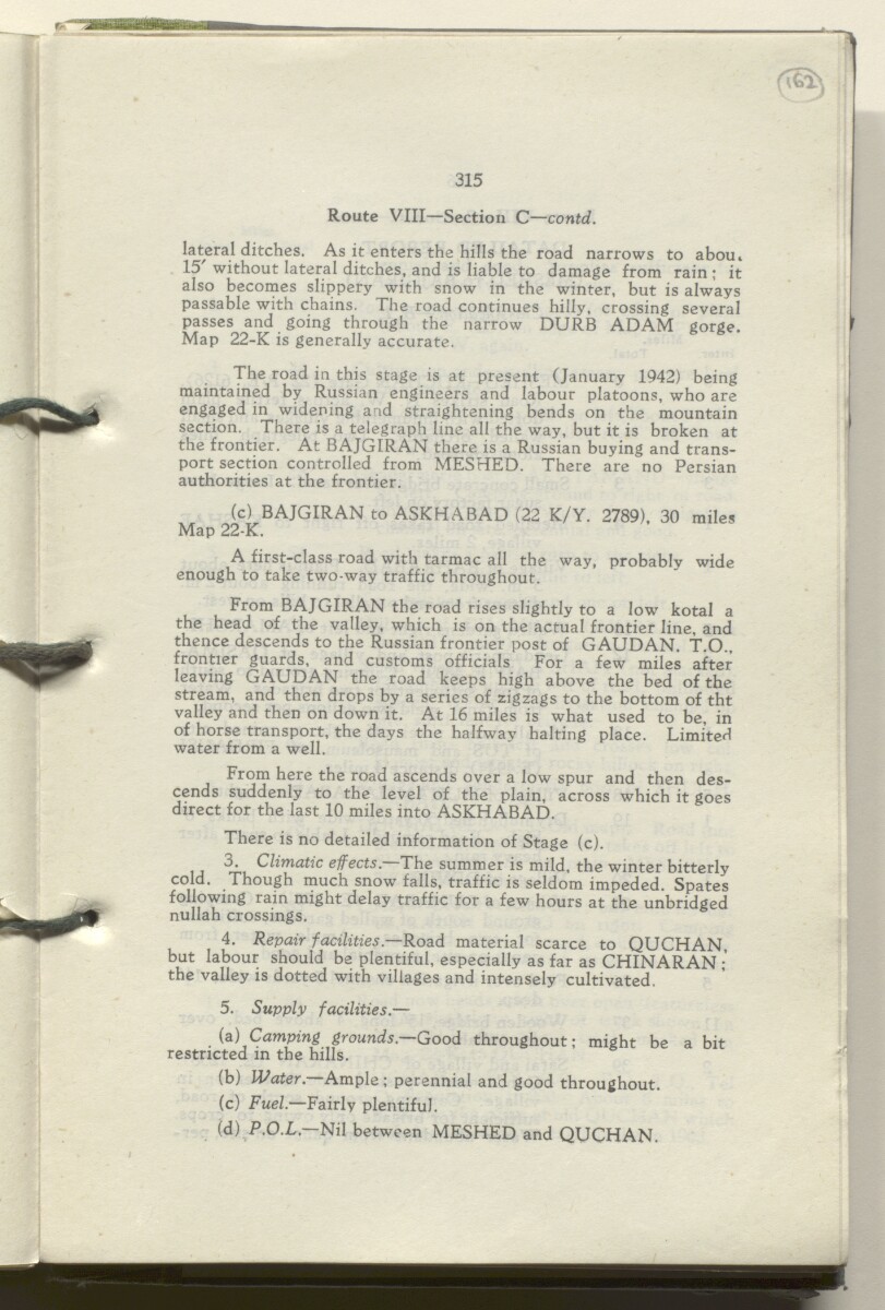 ‘M.T. Routes in Persia. Volume 1 – Main Routes. 1942’ [&lrm;162r] (328/498)