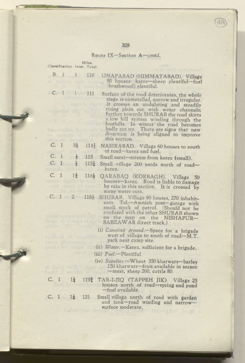 ‘M.T. Routes in Persia. Volume 1 – Main Routes. 1942’ [&lrm;169r] (342/498)