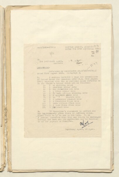Memo from the Residency Agent at Sharjah to the Political Agent in Bahrain, dated 12 September 1944, including a list of the banknotes to be changed at the Eastern Bank. IOR/R/15/2/276, f. 35