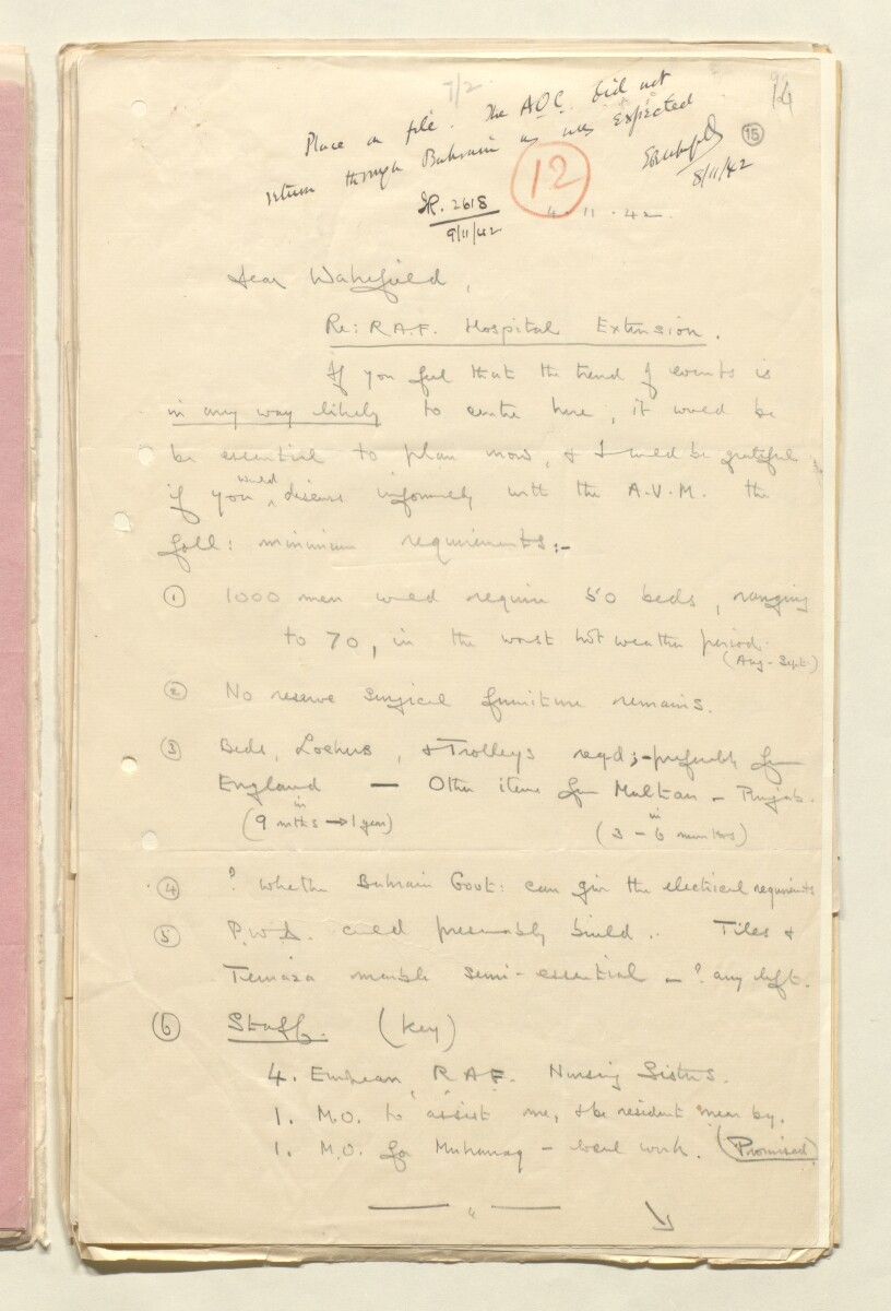 ‘File 7/21 Hospital facilities for R.A.F. at Bahrain’ [&lrm;15r] (29/84)