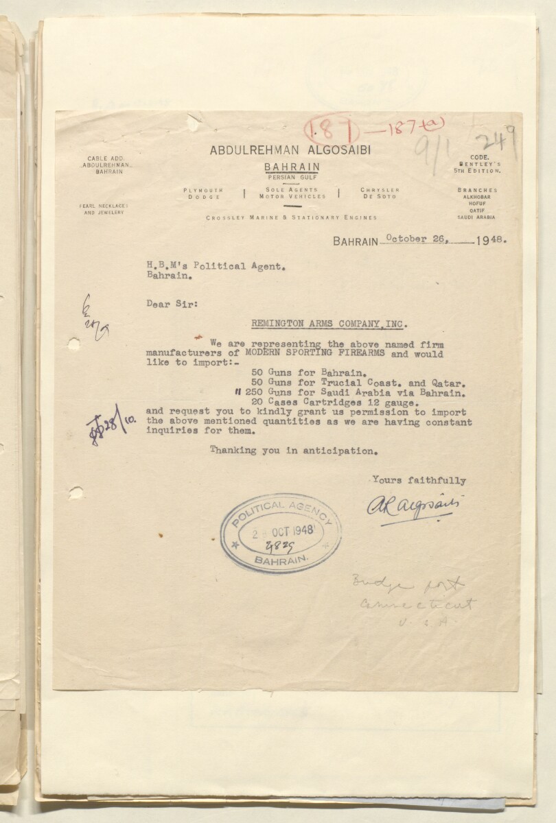 'File 9/1 VI Import of Arms and Ammunition' [&lrm;249r] (513/948)