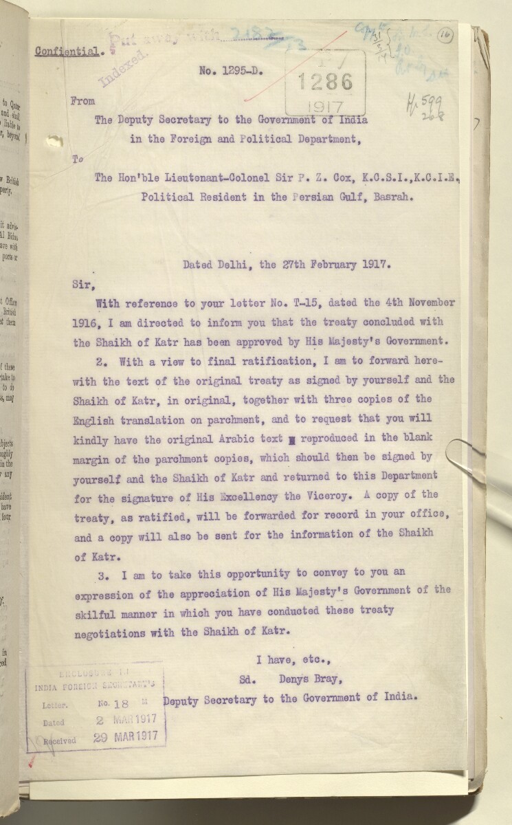 File 2182/1913 Pt 3 'Persian Gulf Katr Treaty' [&lrm;16r] (40/254)