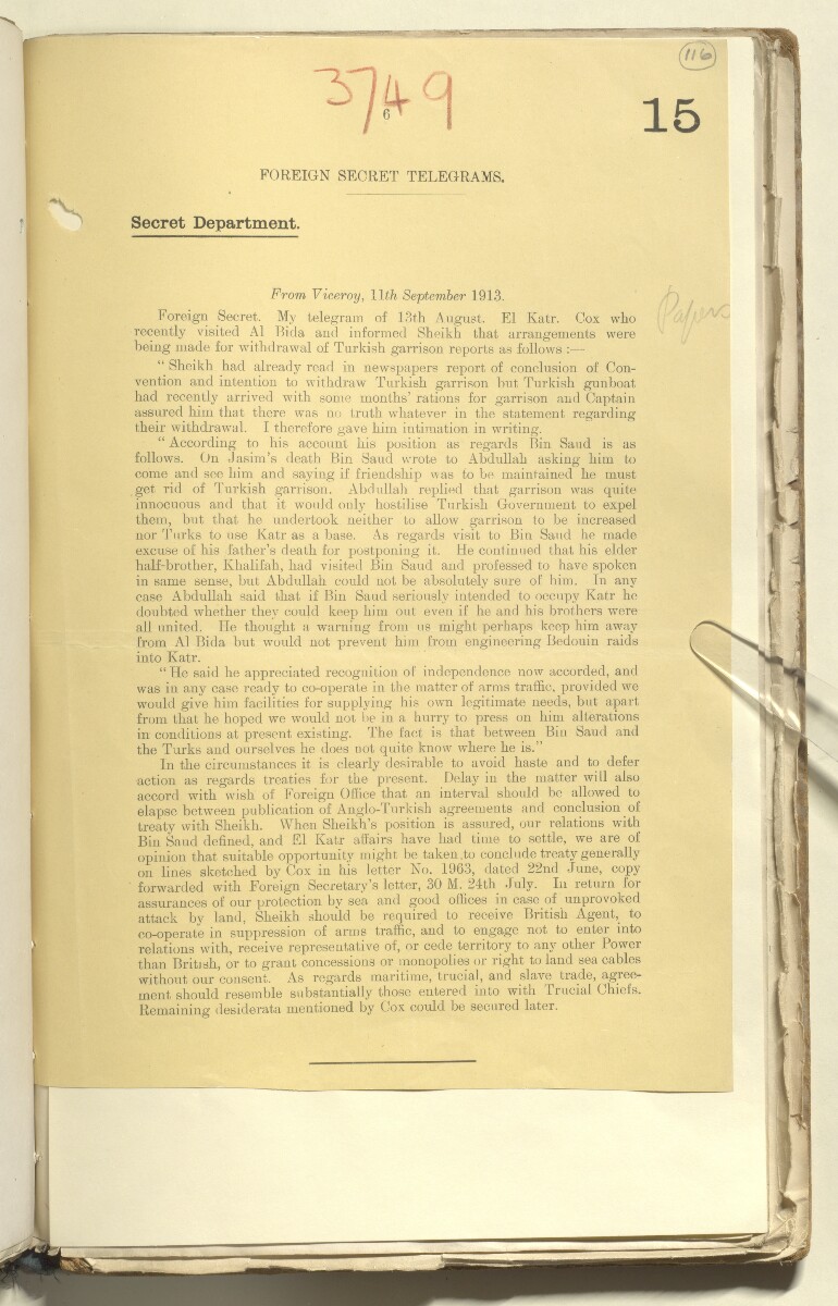 File 2182/1913 Pt 3 'Persian Gulf Katr Treaty' [&lrm;116r] (242/254)
