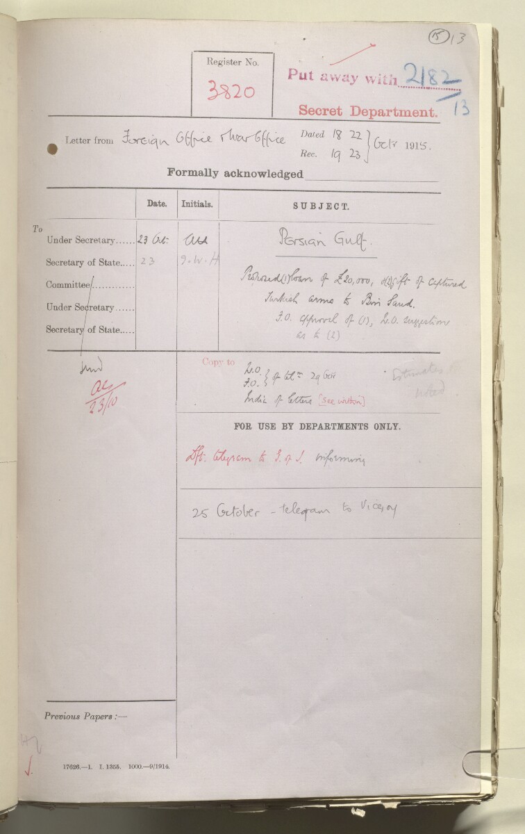 File 2182/1913 Pt 4 'Persian Gulf: Policy towards Bin Saud (Capt. Shakespear's Mission)' [&lrm;15r] (25/426)