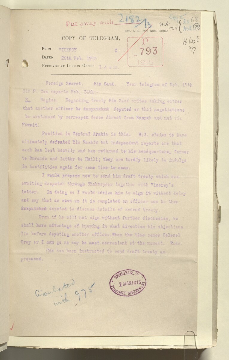 File 2182/1913 Pt 4 'Persian Gulf: Policy towards Bin Saud (Capt. Shakespear's Mission)' [&lrm;70r] (137/426)