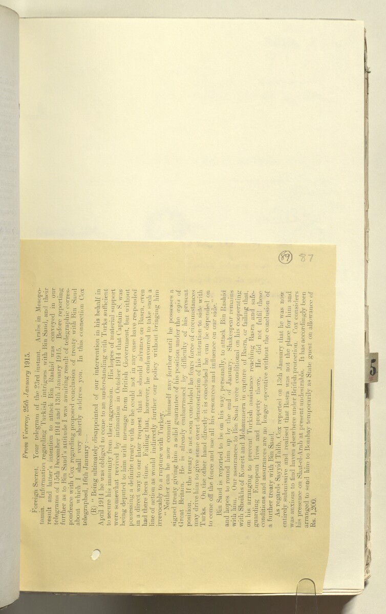 File 2182/1913 Pt 4 'Persian Gulf: Policy towards Bin Saud (Capt. Shakespear's Mission)' [&lrm;89r] (177/426)