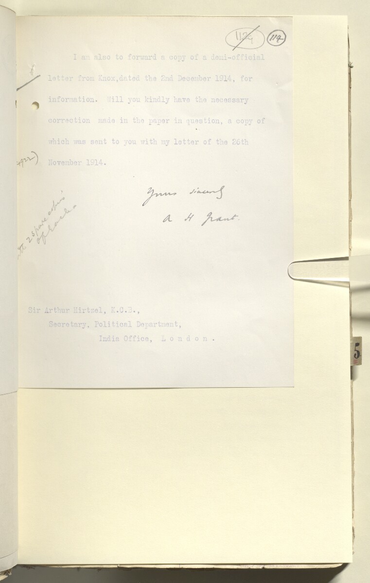 File 2182/1913 Pt 4 'Persian Gulf: Policy towards Bin Saud (Capt. Shakespear's Mission)' [&lrm;114r] (227/426)