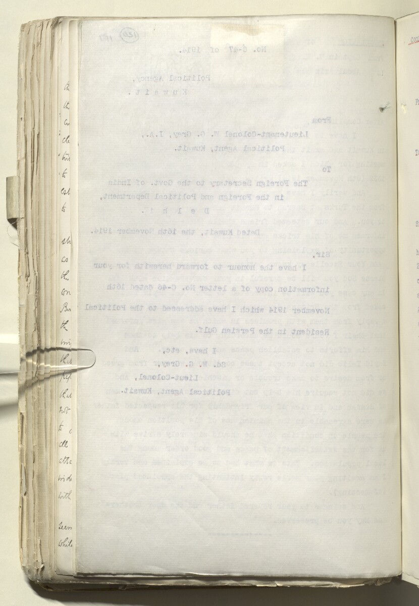 File 2182/1913 Pt 4 'Persian Gulf: Policy towards Bin Saud (Capt. Shakespear's Mission)' [&lrm;120v] (241/426)