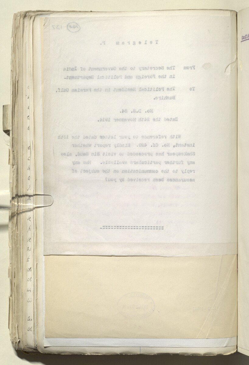 File 2182/1913 Pt 4 'Persian Gulf: Policy towards Bin Saud (Capt. Shakespear's Mission)' [&lrm;140v] (282/426)
