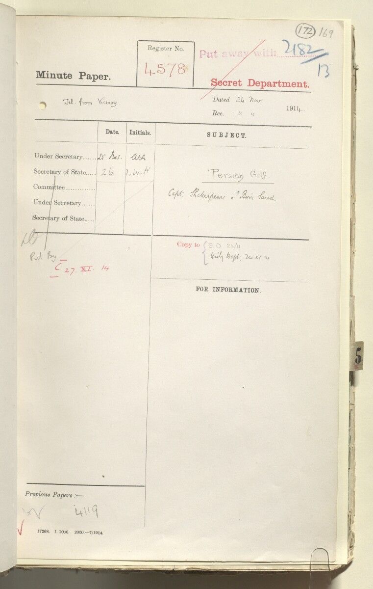 File 2182/1913 Pt 4 'Persian Gulf: Policy towards Bin Saud (Capt. Shakespear's Mission)' [&lrm;172r] (345/426)