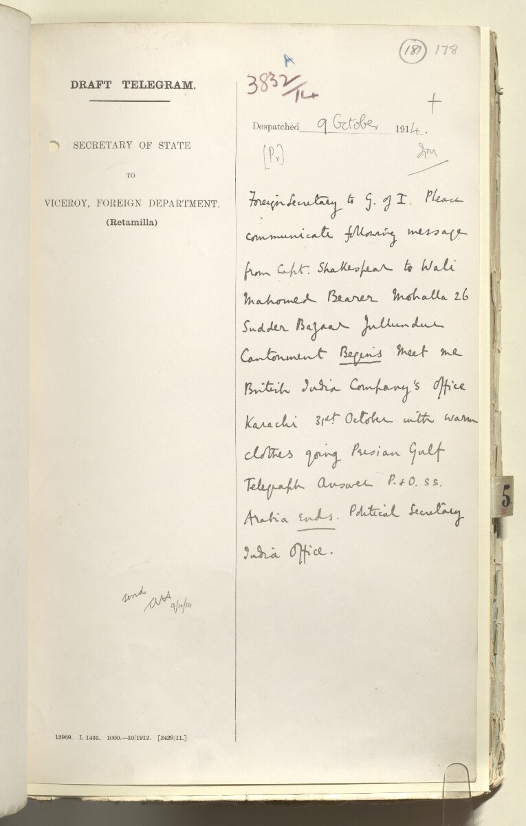 File 2182/1913 Pt 4 'Persian Gulf: Policy towards Bin Saud (Capt. Shakespear's Mission)' [&lrm;181r] (363/426)