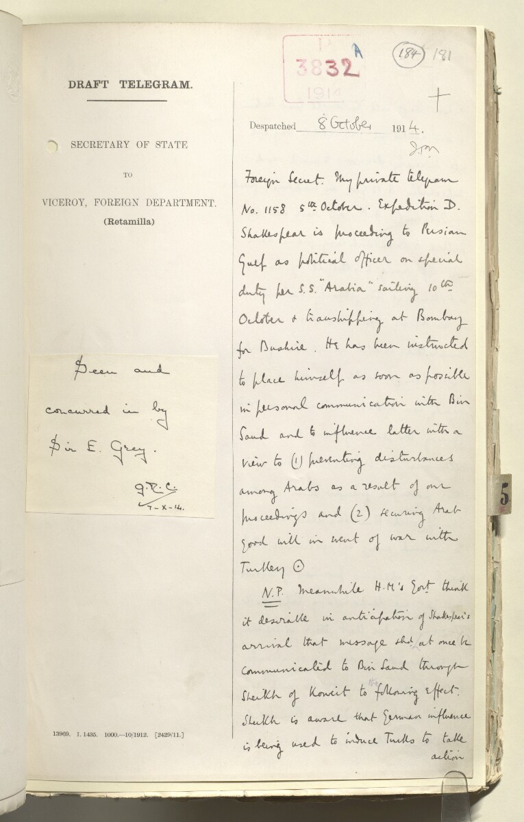 File 2182/1913 Pt 4 'Persian Gulf: Policy towards Bin Saud (Capt. Shakespear's Mission)' [&lrm;184r] (369/426)