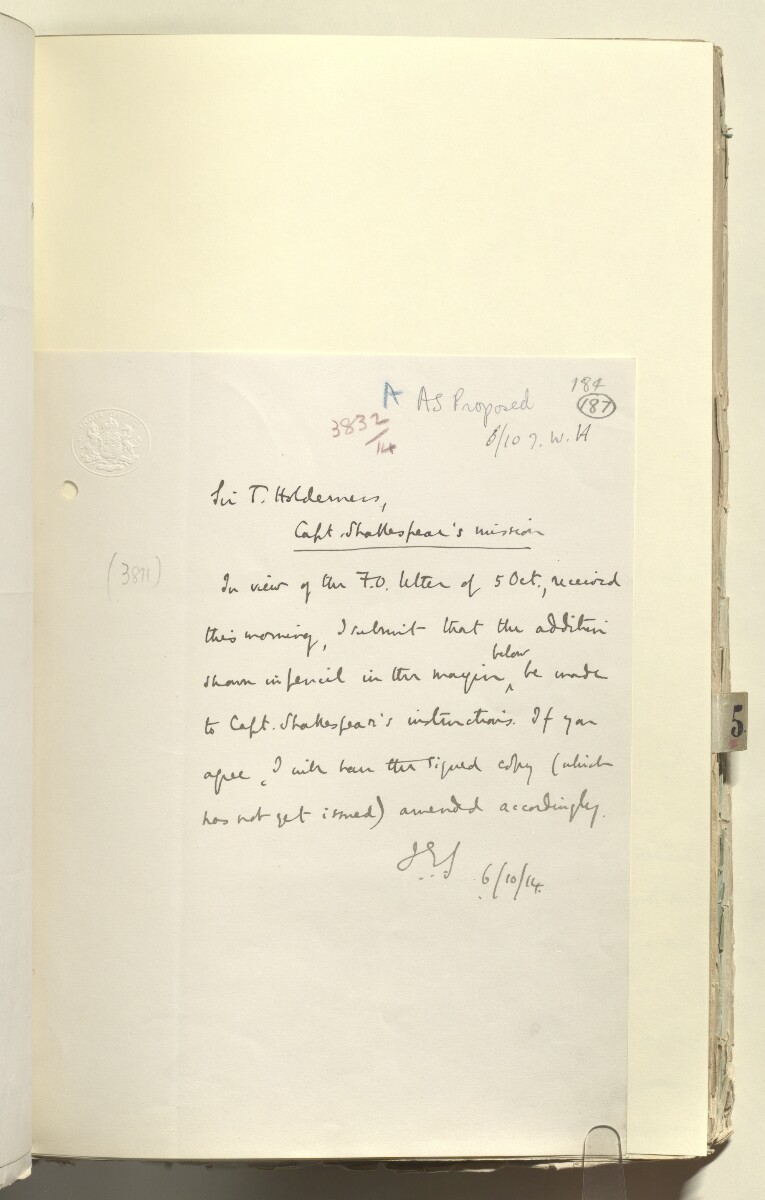 File 2182/1913 Pt 4 'Persian Gulf: Policy towards Bin Saud (Capt. Shakespear's Mission)' [&lrm;187r] (375/426)