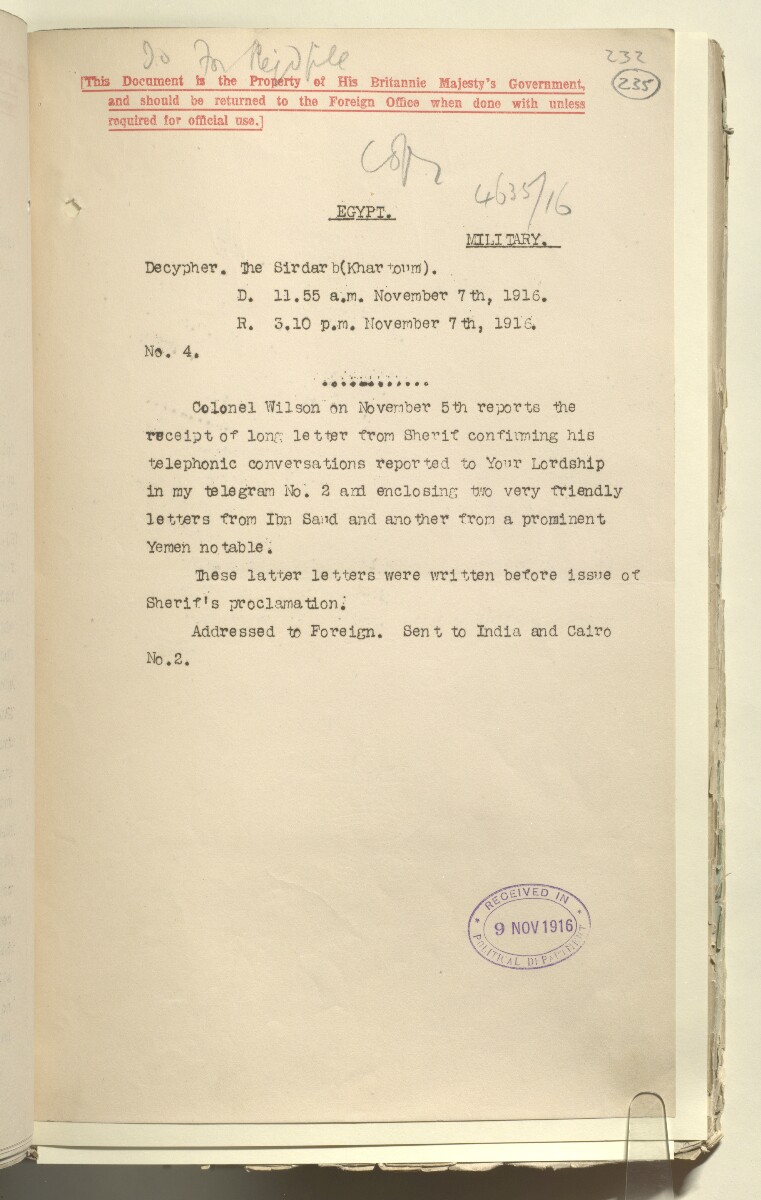 File 2182/1913 Pt 5 'Arabia Nejd: Policy Bin Saud' [&lrm;235r] (45/308)