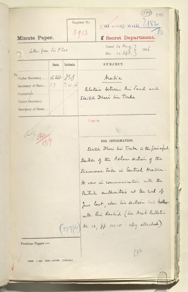 File 2182/1913 Pt 5 'Arabia Nejd: Policy Bin Saud' [&lrm;299r] (173/308)