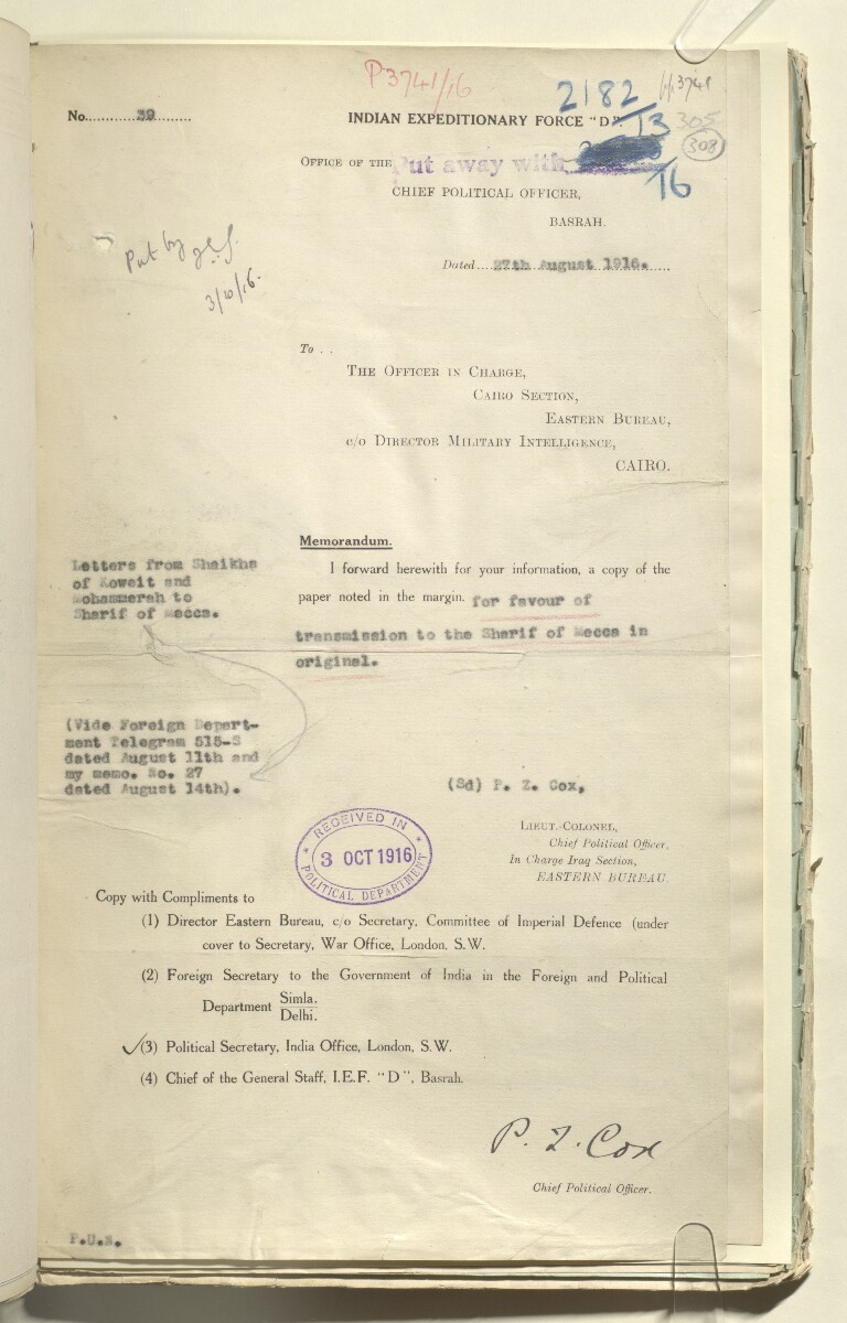 File 2182/1913 Pt 5 'Arabia Nejd: Policy Bin Saud' [&lrm;308r] (191/308)