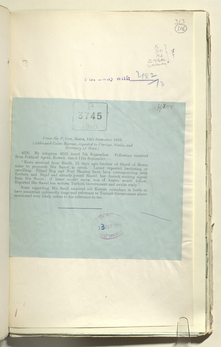 File 2182/1913 Pt 5 'Arabia Nejd: Policy Bin Saud' [&lrm;316r] (207/308)