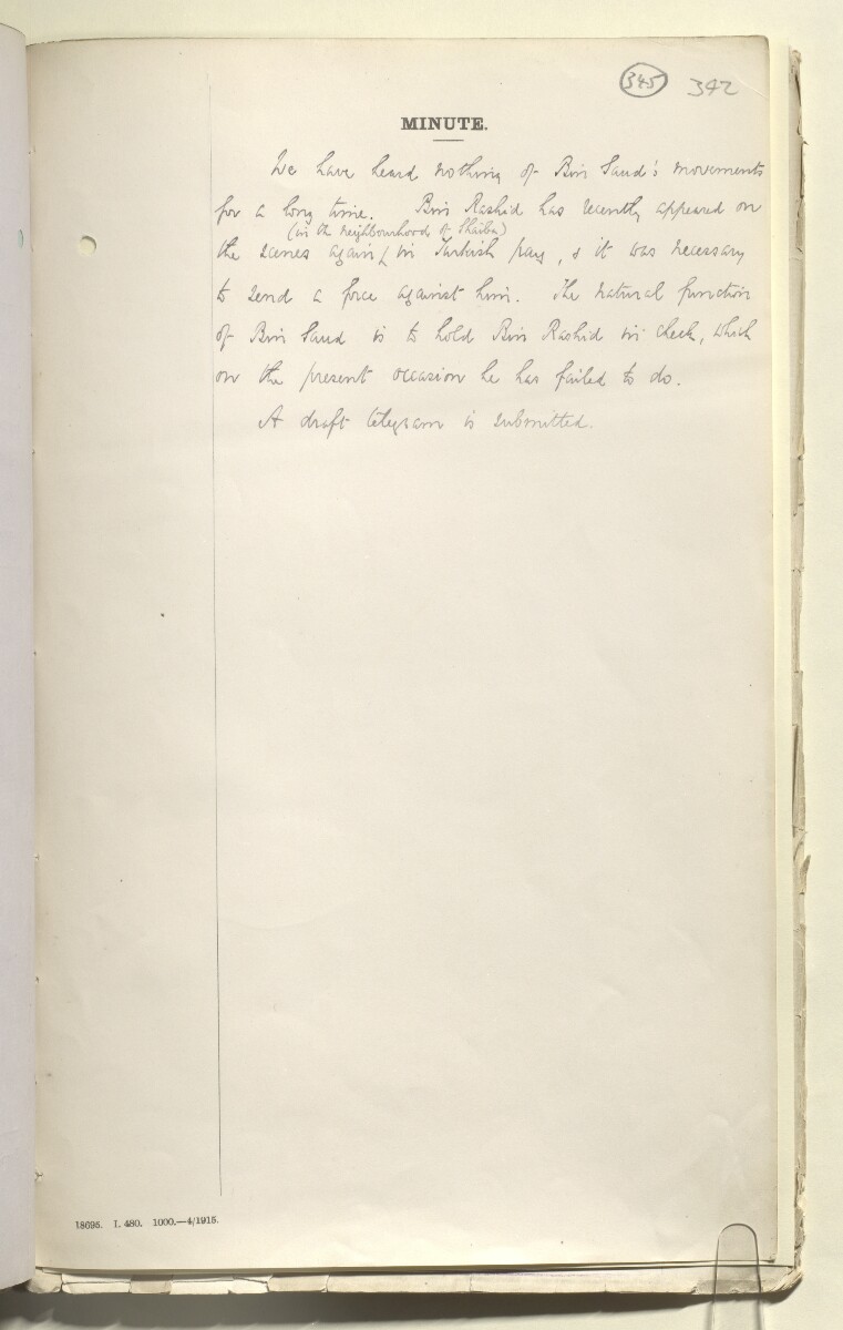 File 2182/1913 Pt 5 'Arabia Nejd: Policy Bin Saud' [&lrm;345r] (265/308)