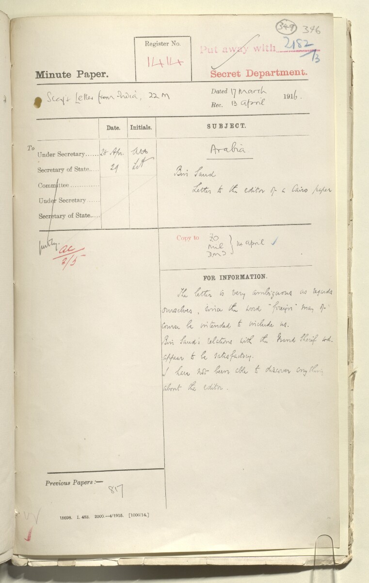 File 2182/1913 Pt 5 'Arabia Nejd: Policy Bin Saud' [&lrm;349r] (273/308)