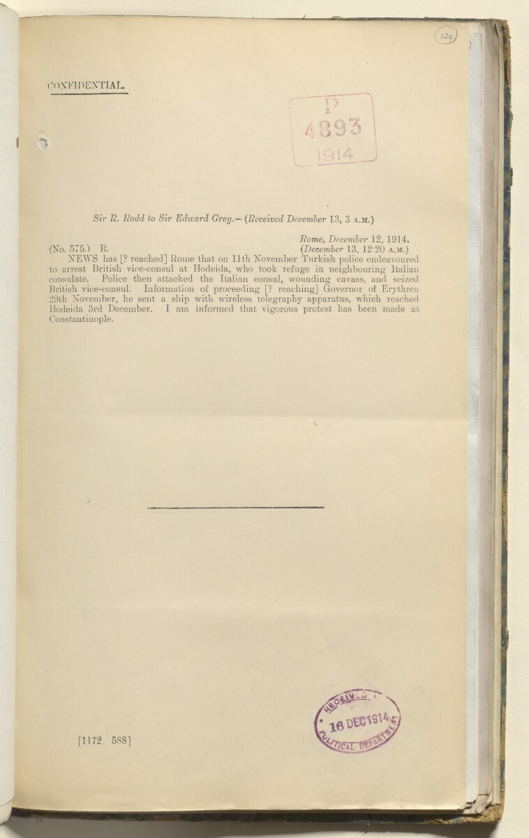 File 3136/1914 Pt 5 ‘German War. Turkey. Hodeida consuls incident’ [&lrm;124r] (256/336)