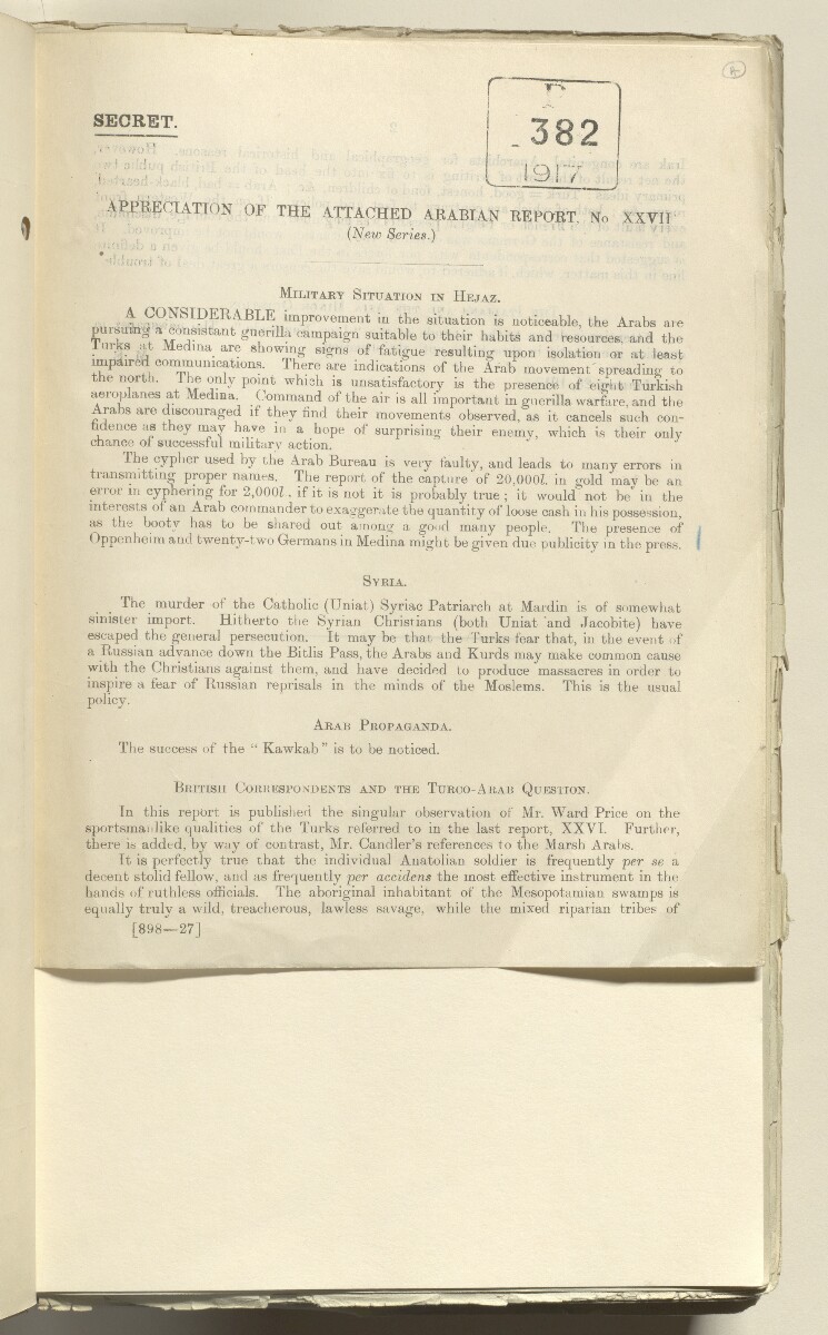 File 705/1916 Pt 2 'Arab revolt: Arab reports; Sir M Sykes' reports' [&lrm;4r] (5/450)