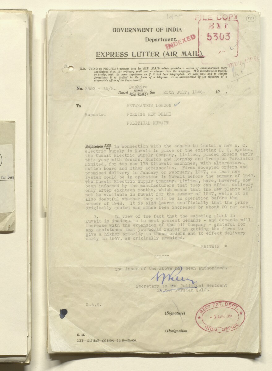 Ext 3373/45 ‘Civilian requirements for Persian Gulf, including Kuwait’ [&lrm;121r] (241/355)
