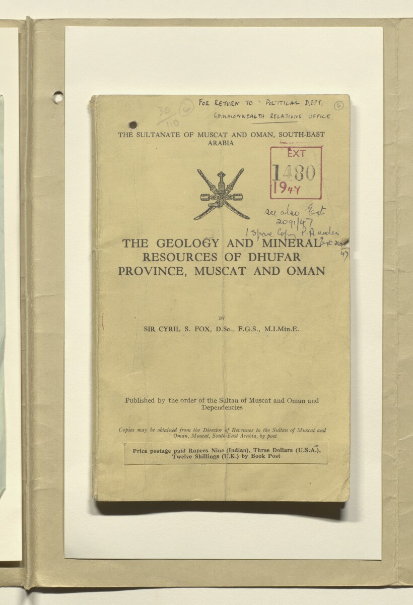 'THE GEOLOGY AND MINERAL RESOURCES OF DHUFAR PROVINCE, MUSCAT AND OMAN' [&lrm;6r] (1/96)