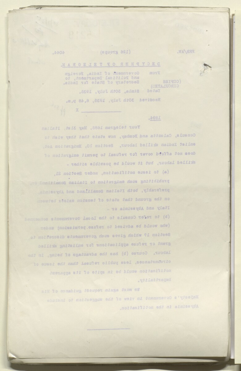 Coll 1/54 'Aden. Recruitment of Arabs from the Aden Protectorate and the Yemen for service with the Italian Colonial forces in Italian Somaliland; recruitment of Indians' [&lrm;71v] (142/320)