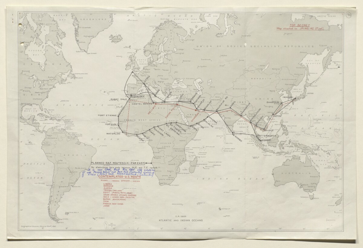 Map showing proposed RAF air route between UK and the Far East and contemplated US route between North Africa and the Far East [&lrm;134r] (1/2)