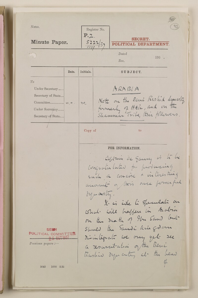 Coll 6/16 'Future of: Royal Family. Probable happenings on the death of Ibn Saud.' [&lrm;93r] (186/440)