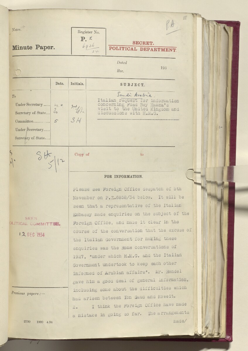 Coll 6/21(1) 'Hejaz-Nejd: Relations with H.M.G.: Hejaz Legation in London and British Minister in Jeddah.' [&lrm;88r] (186/914)