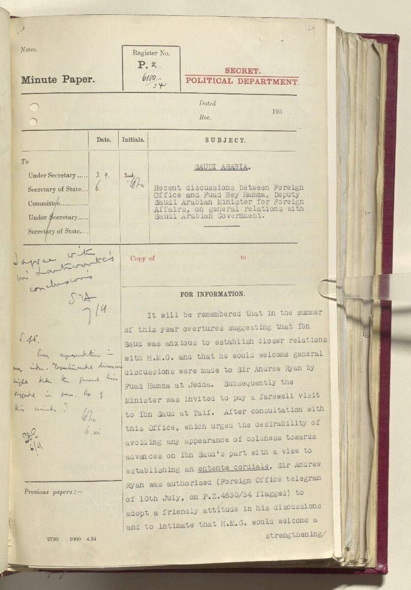 Coll 6/21(1) 'Hejaz-Nejd: Relations with H.M.G.: Hejaz Legation in London and British Minister in Jeddah.' [&lrm;129r] (268/914)