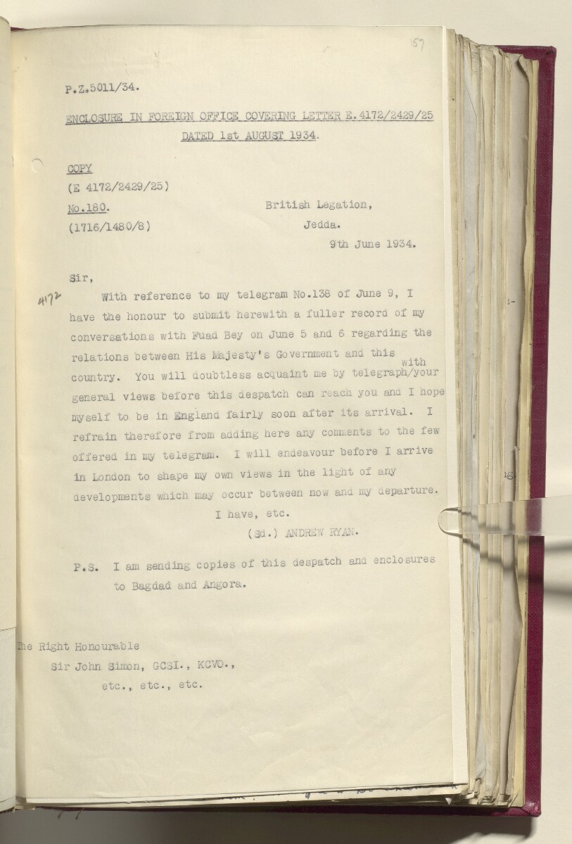 Coll 6/21(1) 'Hejaz-Nejd: Relations with H.M.G.: Hejaz Legation in London and British Minister in Jeddah.' [&lrm;157r] (324/914)