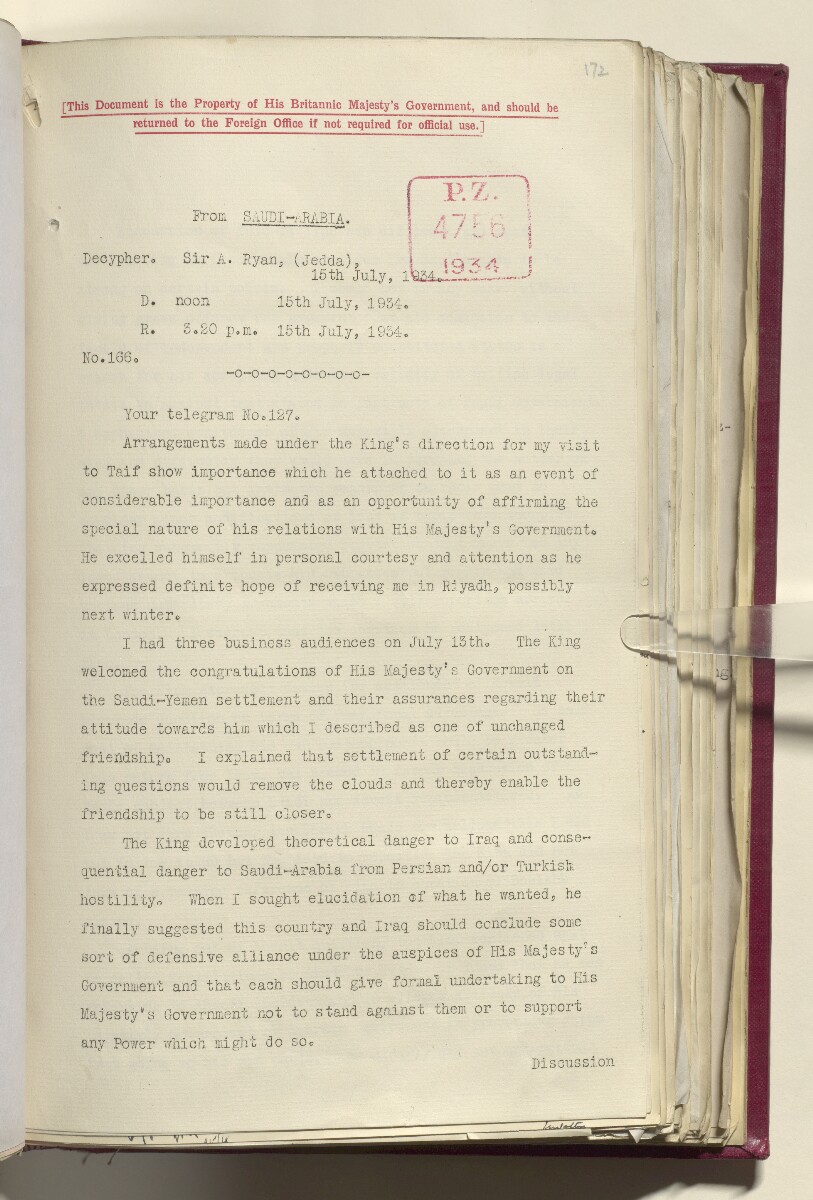 Coll 6/21(1) 'Hejaz-Nejd: Relations with H.M.G.: Hejaz Legation in London and British Minister in Jeddah.' [&lrm;172r] (354/914)