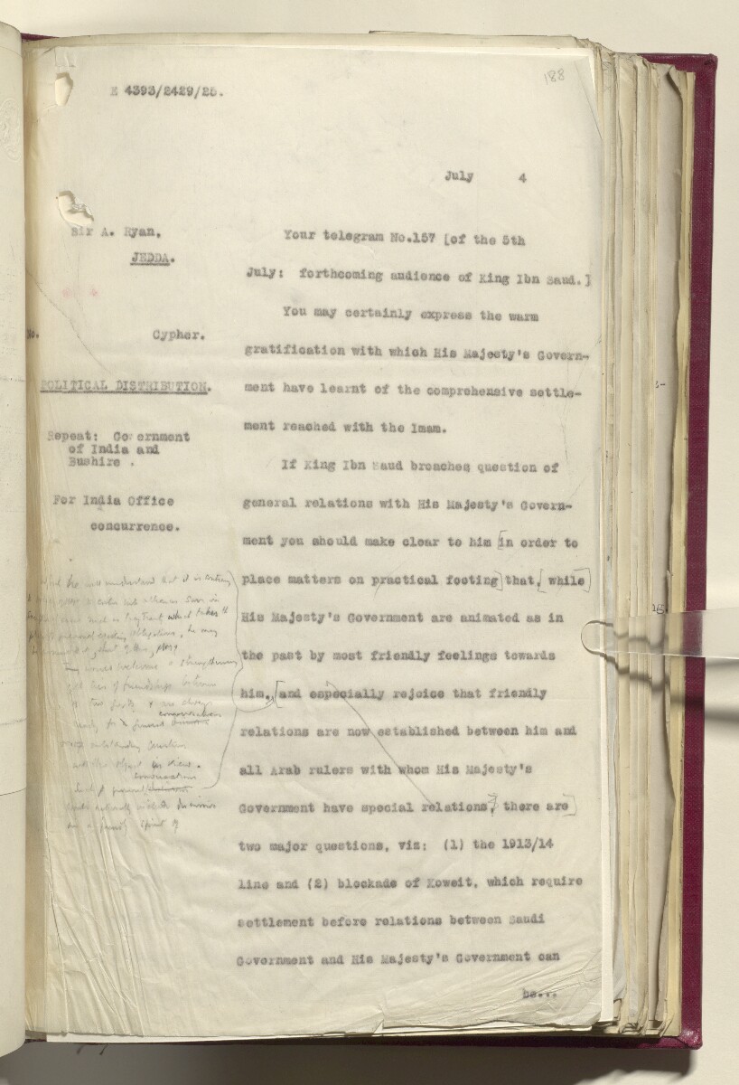 Coll 6/21(1) 'Hejaz-Nejd: Relations with H.M.G.: Hejaz Legation in London and British Minister in Jeddah.' [&lrm;188r] (386/914)