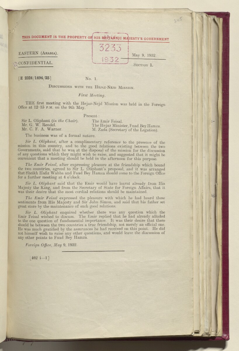 Coll 6/21(1) 'Hejaz-Nejd: Relations with H.M.G.: Hejaz Legation in London and British Minister in Jeddah.' [&lrm;245r] (500/914)