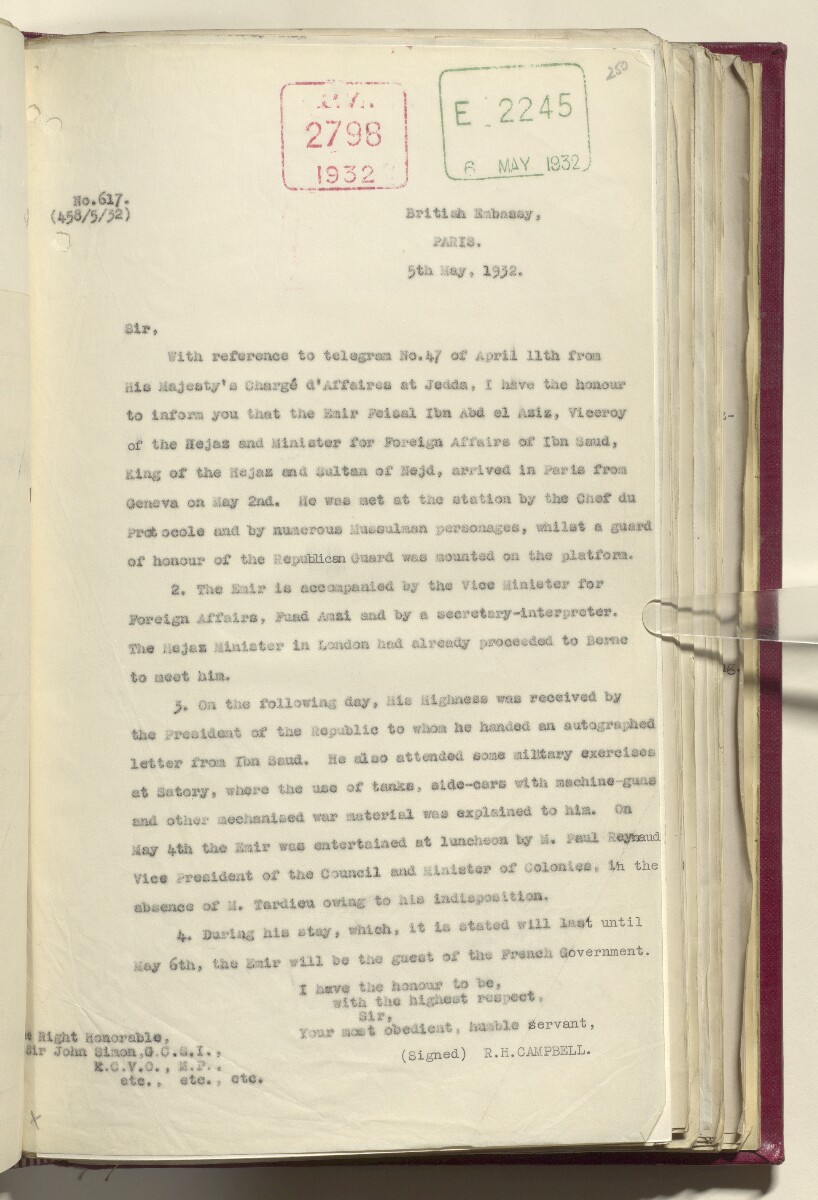 Coll 6/21(1) 'Hejaz-Nejd: Relations with H.M.G.: Hejaz Legation in London and British Minister in Jeddah.' [&lrm;250r] (510/914)
