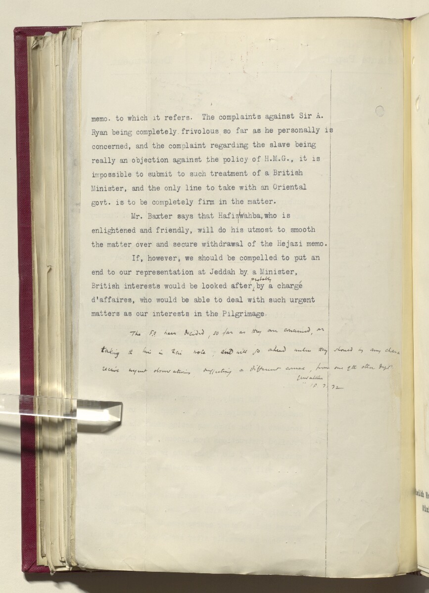 Coll 6/21(1) 'Hejaz-Nejd: Relations with H.M.G.: Hejaz Legation in London and British Minister in Jeddah.' [&lrm;289v] (589/914)