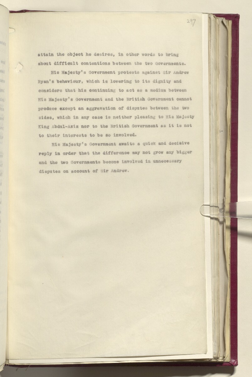 Coll 6/21(1) 'Hejaz-Nejd: Relations with H.M.G.: Hejaz Legation in London and British Minister in Jeddah.' [&lrm;297r] (604/914)