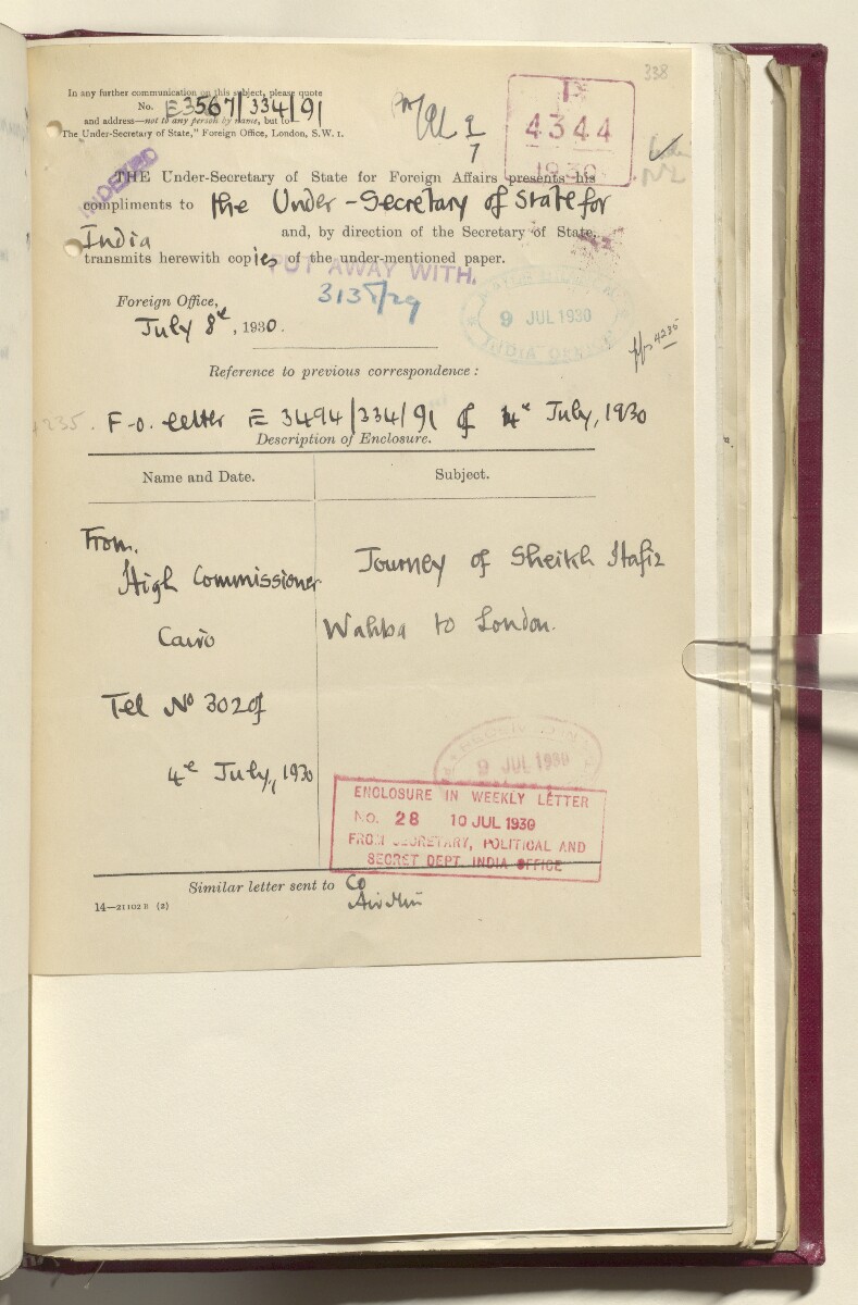 Coll 6/21(1) 'Hejaz-Nejd: Relations with H.M.G.: Hejaz Legation in London and British Minister in Jeddah.' [&lrm;338r] (686/914)