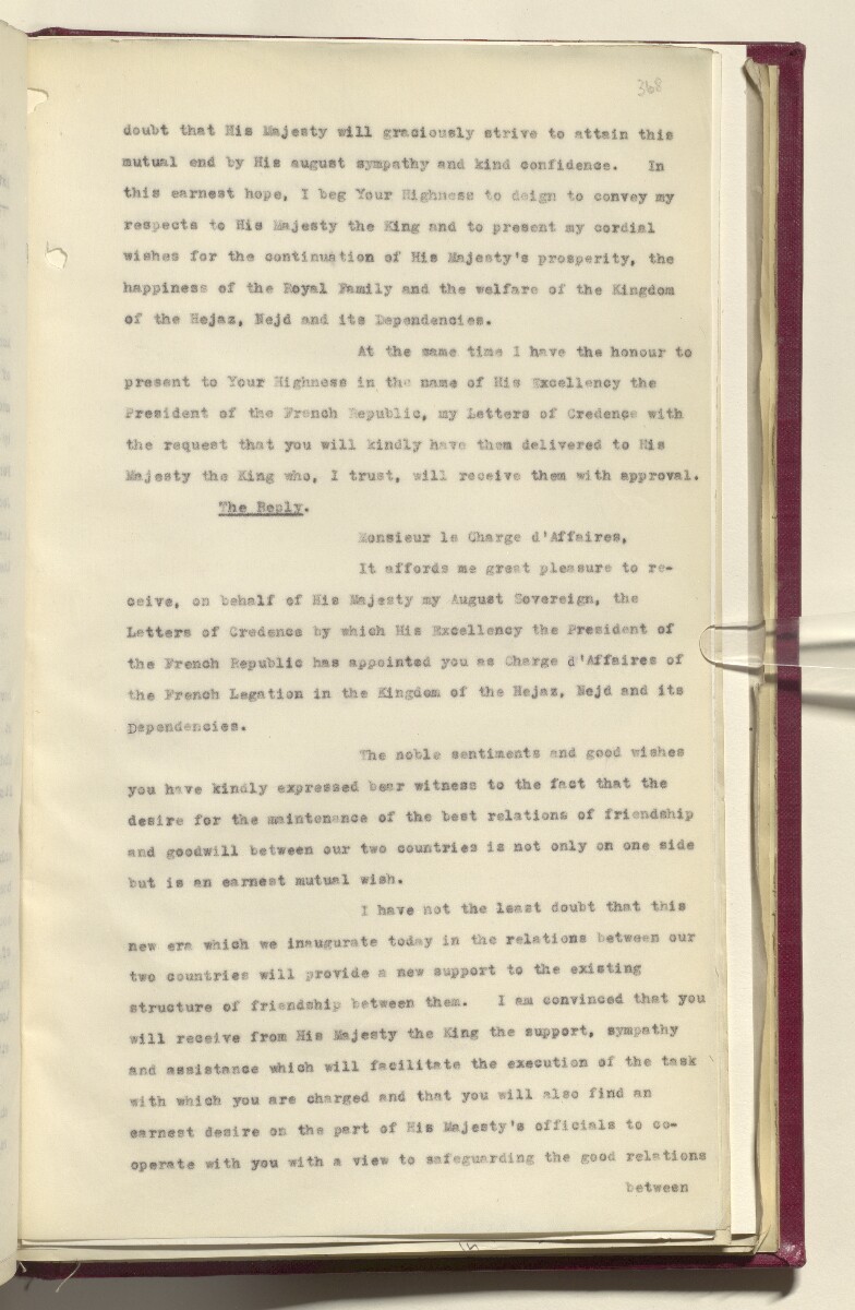 Coll 6/21(1) 'Hejaz-Nejd: Relations with H.M.G.: Hejaz Legation in London and British Minister in Jeddah.' [&lrm;368r] (746/914)