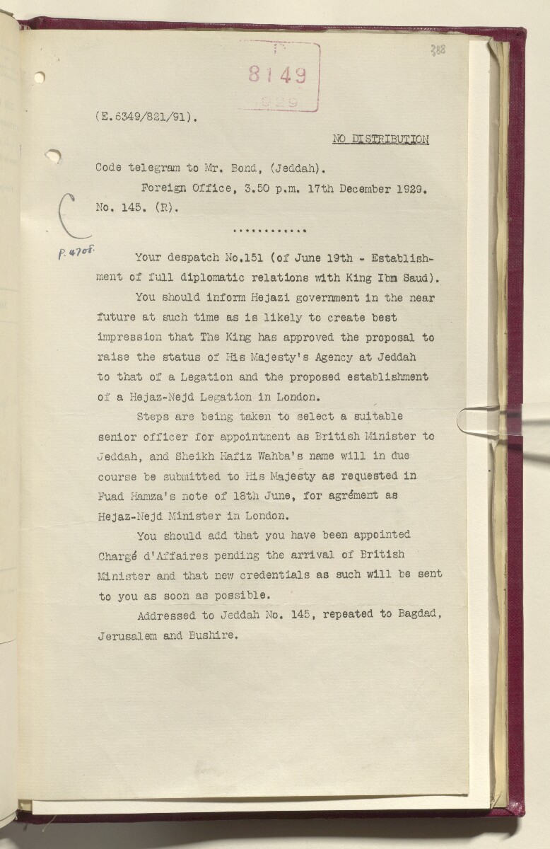 Coll 6/21(1) 'Hejaz-Nejd: Relations with H.M.G.: Hejaz Legation in London and British Minister in Jeddah.' [&lrm;388r] (786/914)