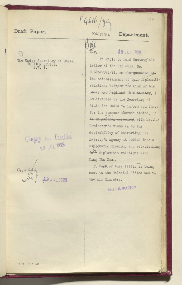Coll 6/21(1) 'Hejaz-Nejd: Relations with H.M.G.: Hejaz Legation in London and British Minister in Jeddah.' [&lrm;420r] (850/914)