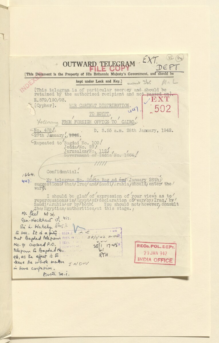 Coll 6/21(2) 'Saudi Arabia: Relations with H.M.G.: Saudi Legation in London and British Minister in Jeddah. Prolongation of Treaty of Jedda.' [&lrm;35r] (69/761)