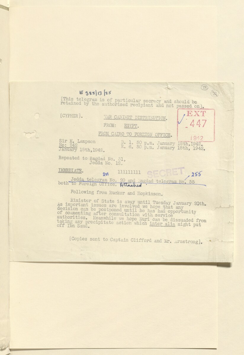 Coll 6/21(2) 'Saudi Arabia: Relations with H.M.G.: Saudi Legation in London and British Minister in Jeddah. Prolongation of Treaty of Jedda.' [&lrm;38r] (75/761)