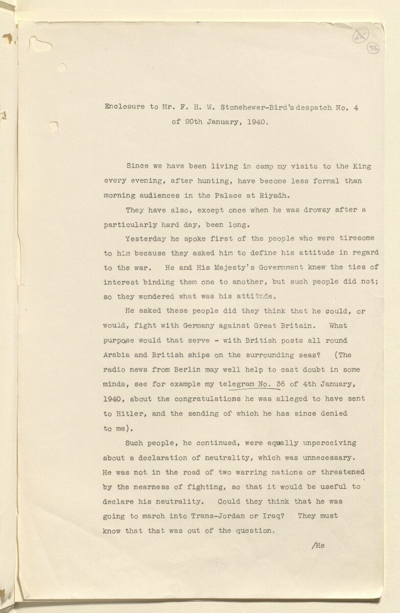 Coll 6/21(2) 'Saudi Arabia: Relations with H.M.G.: Saudi Legation in London and British Minister in Jeddah. Prolongation of Treaty of Jedda.' [&lrm;56r] (111/761)