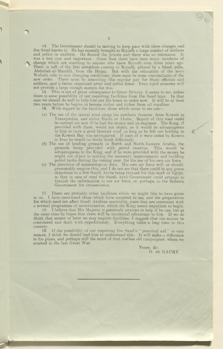 Coll 6/21(2) 'Saudi Arabia: Relations with H.M.G.: Saudi Legation in London and British Minister in Jeddah. Prolongation of Treaty of Jedda.' [&lrm;62r] (123/761)