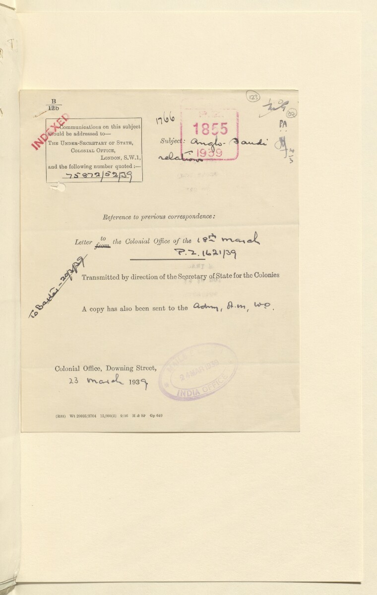 Coll 6/21(2) 'Saudi Arabia: Relations with H.M.G.: Saudi Legation in London and British Minister in Jeddah. Prolongation of Treaty of Jedda.' [&lrm;123r] (245/761)