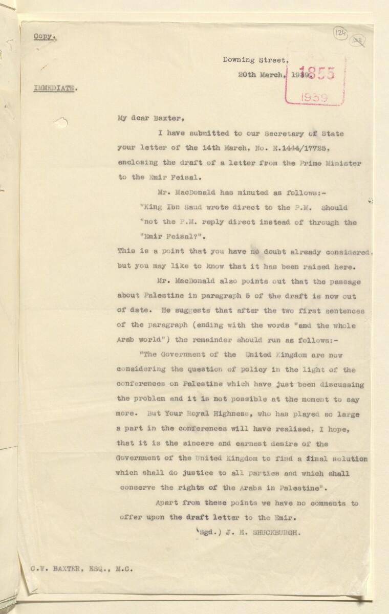 Coll 6/21(2) 'Saudi Arabia: Relations with H.M.G.: Saudi Legation in London and British Minister in Jeddah. Prolongation of Treaty of Jedda.' [&lrm;124r] (247/761)